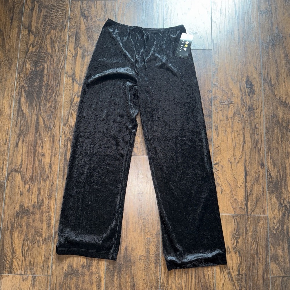 NWT Amy Byer Girls Black Crushed Velvet Pants‎ Elastic Waist Drawstring L Vtg